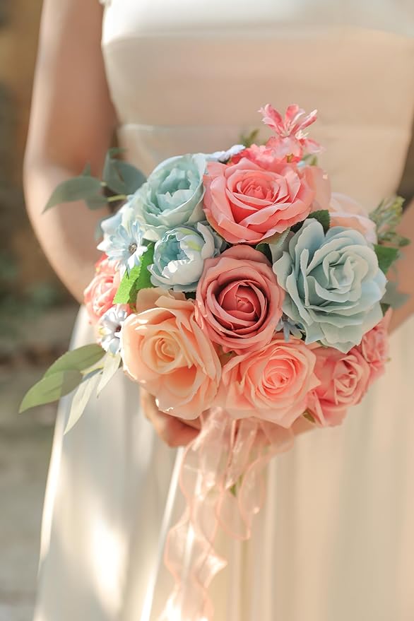 Blue Pink Artificial Flowers Combo Set Fake Flower Leaf Box with Stemst for DIY Wedding Bridal Bouquet, Centerpieces, Home Decor, Floral Arrangement Decor