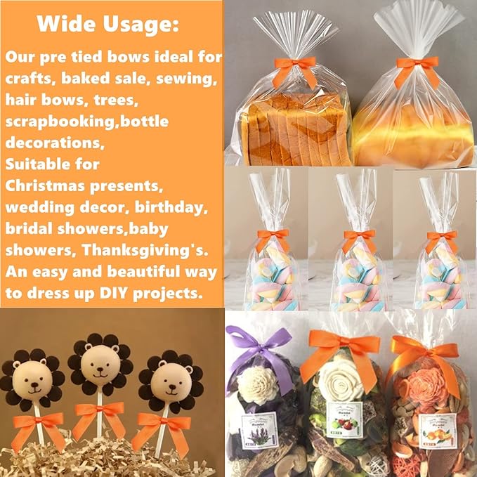 100 Pack Orange Satin Pretied Bows, 3" Satin Ribbon Twist Tie Bows for Gift Bags, Crafts, Weddings & Holidays