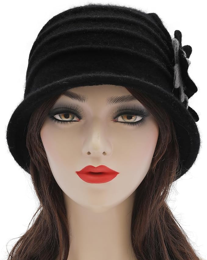 ZLYC Women Wool Cloche Bucket Hat 1920s Vintage Dress Winter Hats with Flower Accent