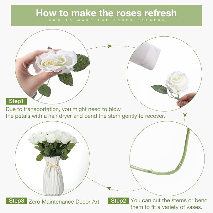 Jexine 60 PCS Artificial Roses Bulk Silk Flowers with Long Stems, Realistic Faux Rose Bouquet for Wedding Centerpieces, Valentine’s Party, Home Decor(White)