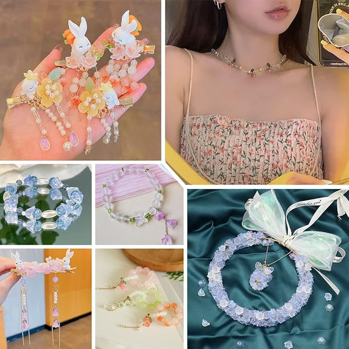 LadayPoa 100pcs Glass Bellflower Beads for Jewelry Making Mixed Color Trumpet Flower Beads Gradient Clear Cute Beads for Bracelets Making Aesthetic Beads Charms for DIY Necklace Decoration Gifts