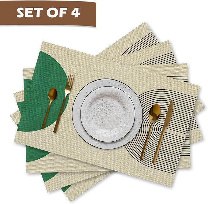Boho Placemats Set of 4, Modern Minimalist Green and Black Circles Placemats, Boho Mid Century Modern Table Mats Place Mats for Kitchen Dining Table Decoration 16.9x11.4 Inch