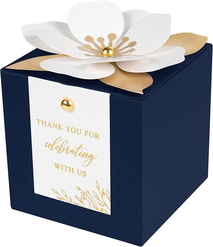 FEIYI 20 PCS Navy Blue Gift Boxes, 3 In 1 Favor Boxes with Floral Decor, White Thank You Tags Cupcake Containers Gift wrapping for Wedding, Baby Shower, Birthday, Decorations Party - 3.55x3.55x3.55