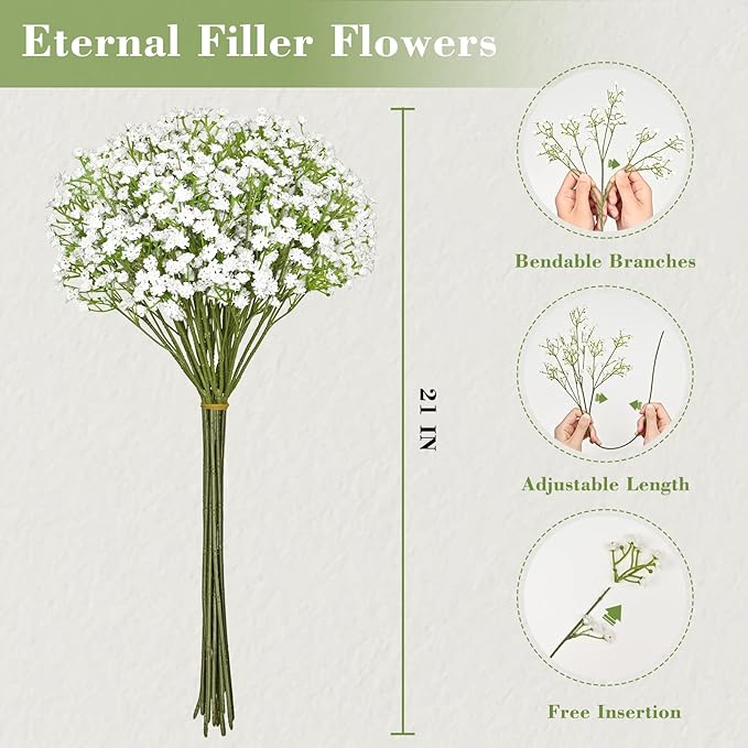 Yastouay Babys Breath Artificial Flowers, 30Pcs Fake White Babys Breath Flowers Artificial Bulk, Real Touch Faux Babies Breath Gypsophila Bouquet for Wedding Floral Arrangement Party Decor