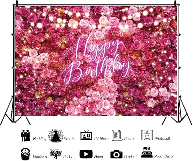 Rose Flower Happy Birthday Backdrop 12x8ft Shining Glitter Romantic Floral Women Girls Birthday Photography Background Baby Shower Party Decorations