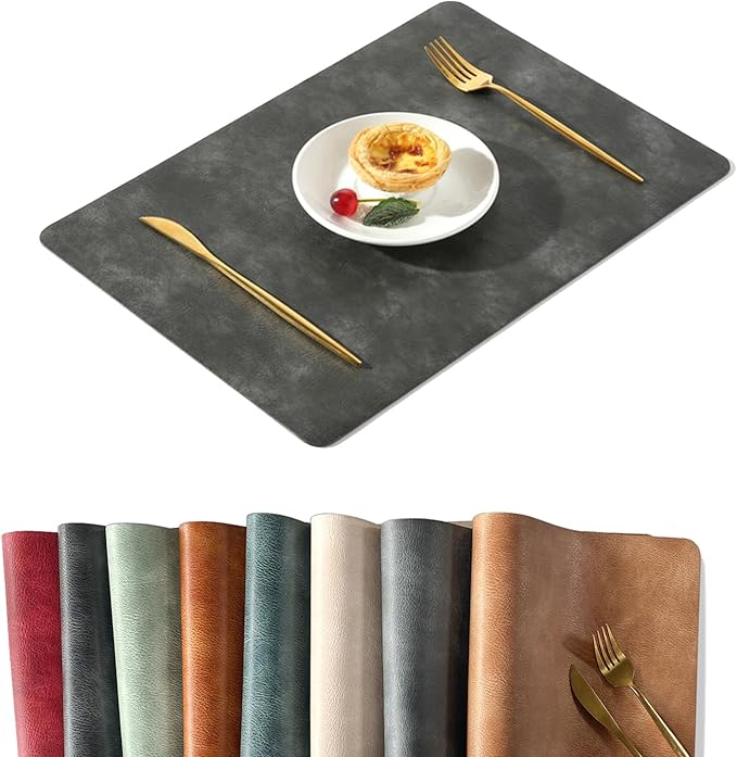 UnivoColors Washed Cowhide Pattern PU Leather Placemats Set of 4 Heat Resistant Kitchen Table Mats, Waterproof Wipeable for Party Decoration(Black)