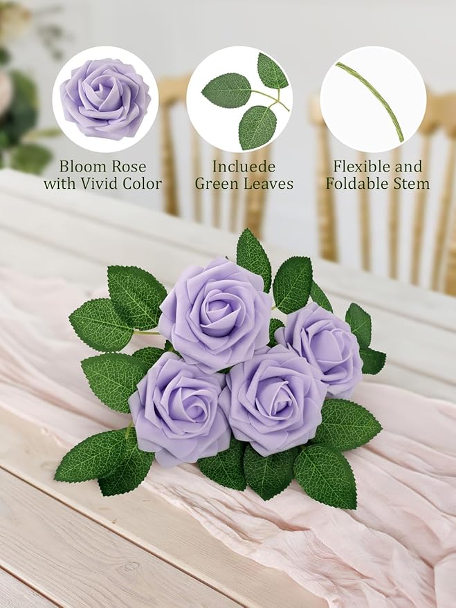 MACTING Artificial Lavender Flowers 30PCS Real Touch Fake Flowers with Stem Soft Foam Roses for Valentines Day Gifts DIY Wedding Bouquet Boutonniere Table Centerpieces Party Spring Home Decorations