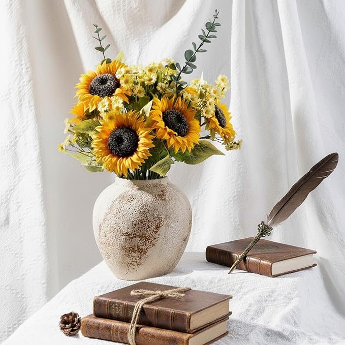 Vintage Ceramic Vase, Minimalist Texture Stone Patterned White Flower Vase, Decorative Vase for Living Room Shelf Farmhouse Dining Table Centerpiece Decor (Rustic 7.9'')
