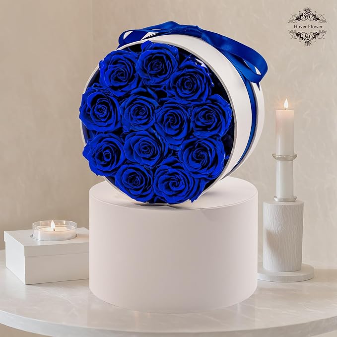 Preserved Roses in a Box, Blooming Real Roses Decor, Eternal Flowers for Delivery Prime, Best Gifts Birthday, Wedding, Anniversary, Mother's Day for Her, 12-Pieces (Blue)