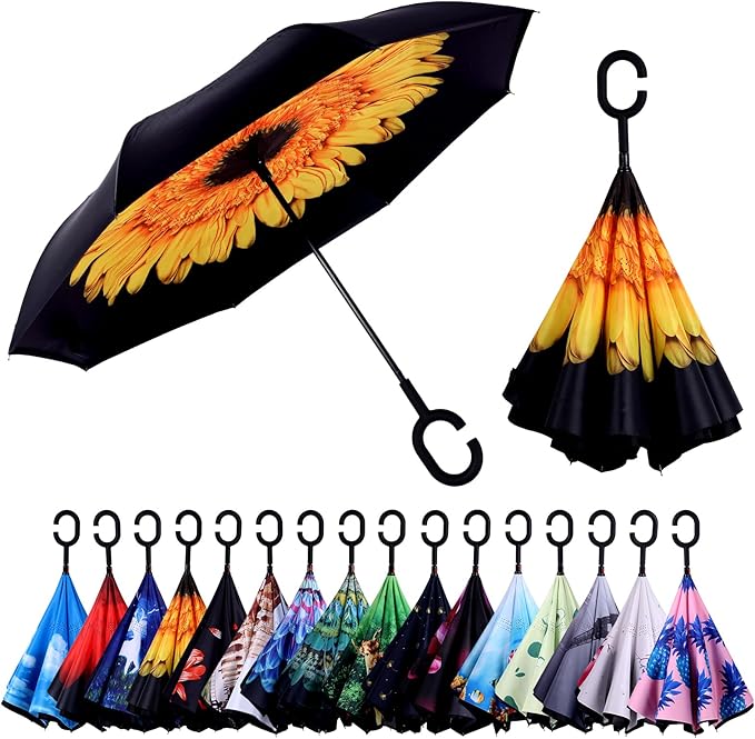 Inverted Umbrella, 49 Inch Double-Layer Vented Reverse Umbrella, Windproof Waterproof UV Protection, Lightweight C-Handle, Fiberglass Ribs, Steel Shaft, Travel/Commute/Car Use, With Sleeve