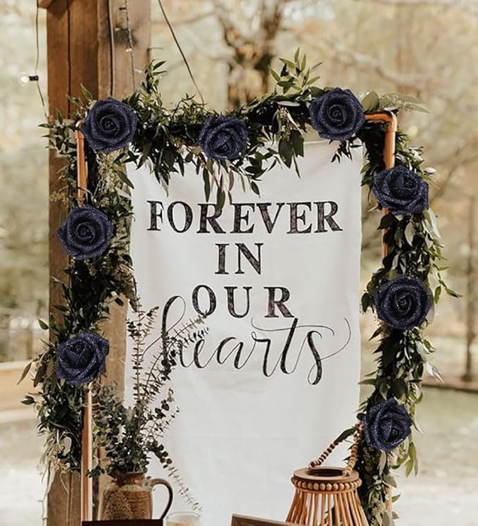 Glitter Roses 30pcs 2.56" Artificial Grey Black Roses with Stems for Baby Shower Decorations