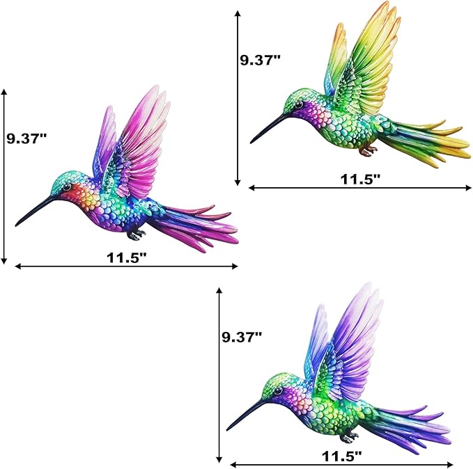 John's Studio 3Pcs Metal Hummingbird Wall Decor Outdoor Garden Hanging Art Sculptures Home Theme Decorations for Kitchen Bathroom and Pool