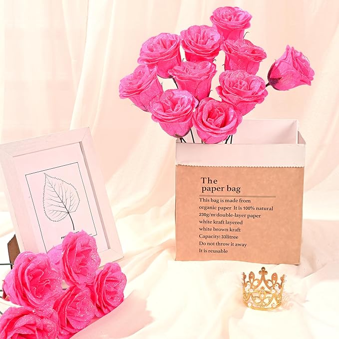 Waipfaru Glitter Roses Bouquet, DIY Fake Flowers Bouquet, Hot Pink Artificial Flower, Valentines, Anniversary, Engagement, Wedding, 36 Pcs