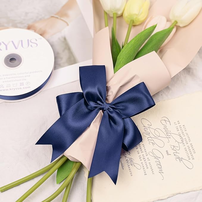 Navy Blue Satin Ribbon, Double Faced 1-1/2 Inch X 25 Yards Navy Blue Ribbon, Premium Satin Ribbon for Gift Wrapping, Crafts, Hair Bow Making, Sewing, Flower Bouquet, Wedding Party Decor