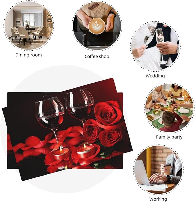 Red Rose Wine Linen Table Placemats Set of 6 Retro Romantic Placemat Indoor Outdoor Party Home Desktop Kitchen Dining Room Decoration 12x18 Inch