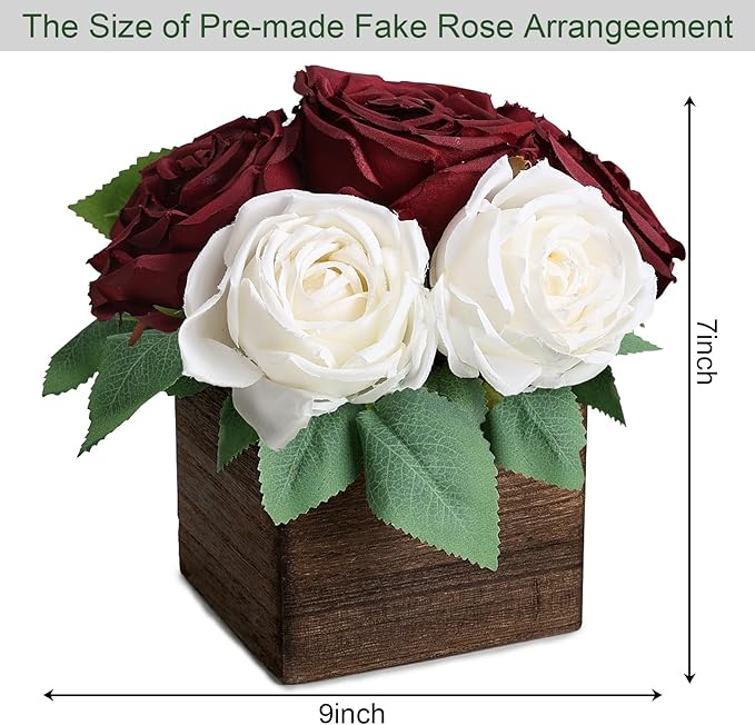 Dining Table Centerpiece Set of 3 - Pre-Made Aritifial Rose with Wooden Vase Fake Floral Arrangment Faux Flower for Wedding Bridal Tea Party Event Decorations - Burgundy & White