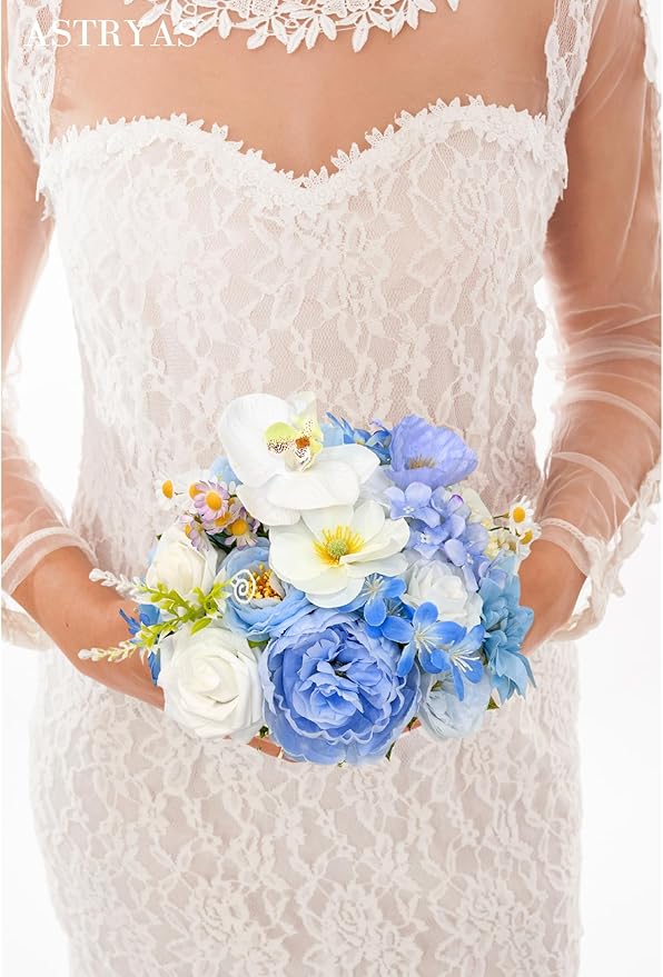 ASTRYAS Blue Artificial Flowers Combo Box Set, Baby Blue Silk Peonies Dahlia Roses with Stems for DIY Bridal Wedding Bouquets Baby Shower Floral Arrangements Centerpiece Table Party Home Decorations