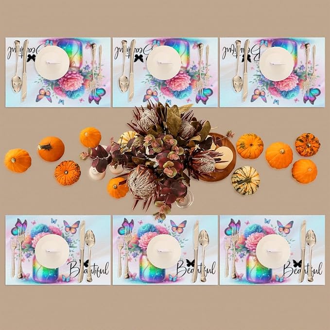 PVC Placemats Set of 4 Rainbow Flower Butterfly Wipeable Table Mats Washable Heat Resistant Non Slip Vinyl Dining Table Mat for Kithen Indoor Outdoor Patio Farmhouse Place Mats Decorative