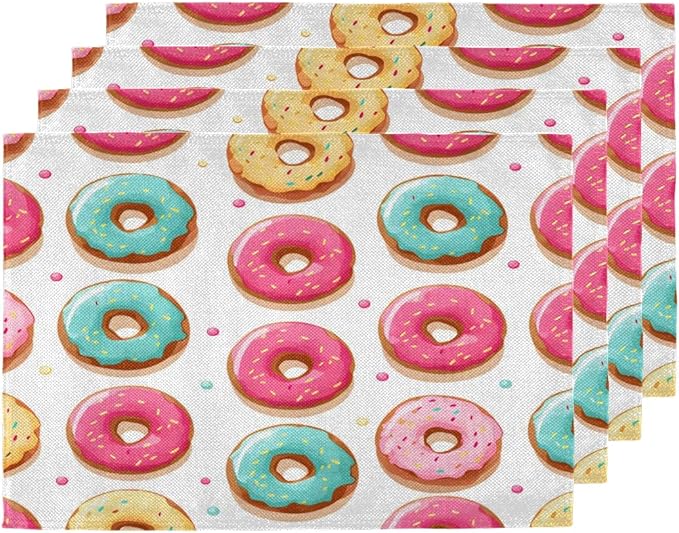 Sweet Doughnuts Placemats Set of 6, Washable Linen Place Mats, Colorful Donut Pattern Table Mats for Kitchen Dining Table Decor Heat Resistant Tablemats 12x18