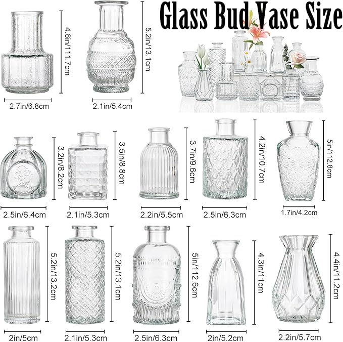Bud Vases Set of 12 Pcs, Mini Glass Vases for Flowers, Vintage Vase for Centerpieces, Small Flower Vase Design for Wedding Home Flower Party Decor