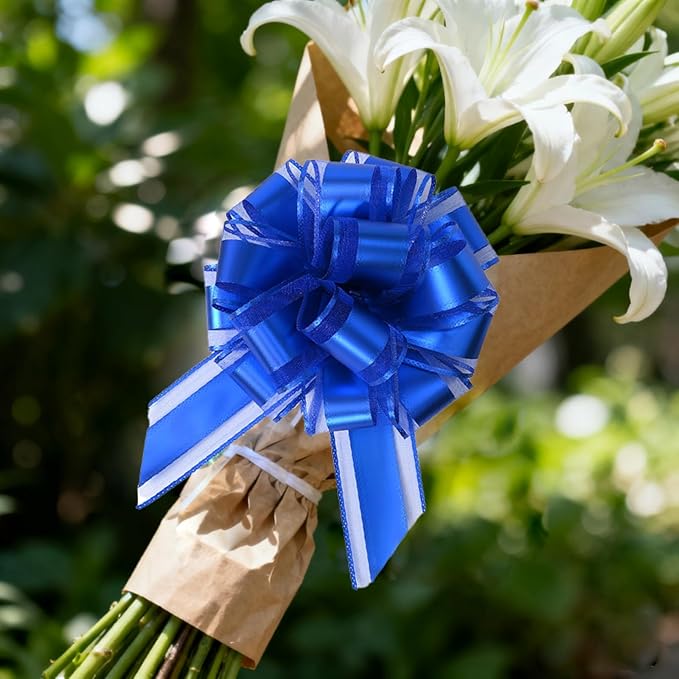 10-Pack Royal Blue Pull Bows for Gift Wrapping - 6 Inch Reusable Ribbon Bows, Large Instant Floral Decor Bows for Wedding, Christmas, Birthday Decor, Gift Basket & Party Decorations