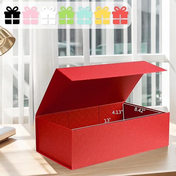 VGOODALL Red Magnetic Gift Box, 14x8.7x4.3inches Gift Box with Lid, Ribbon, Card, Envelope & Stickers for Multiple Occasions