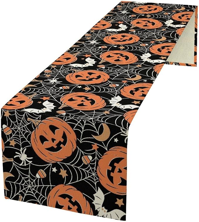 Bat Table Runner,Halloween Pumpkin Spider Web Table Runner for Home Kitchen Table Dining Garden Farmhouse Wedding Party Decor 13x36 Inch