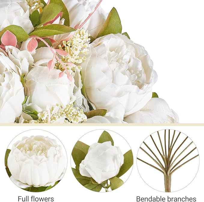 Mkono Peonies Artificial Flowers, 2 Packs 13 Stems Faux Peony Flowers Real Touch Fake Silk Bouquet for Arrangements Dining Table Centerpieces for Kitchen Bridal Wedding Party (2, White)