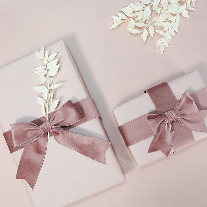 Rose Gold Velvet Ribbon, 1-1/2 inch Wide Handmade Fabric Ribbons for Christmas Decor, Flower Bouquet, Wedding Decoration, Baby Shower, 2 Rolls