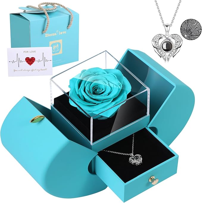 Preserved Rea Cyanl Rose with I Love You Necklace 100 Languages, Gifts for Girlfriend, Women, Mom, Wife, Gifts Idea on Christmas, Valentine's Day, Mother's Day, Birthday, Anniversary, Thanksgiving