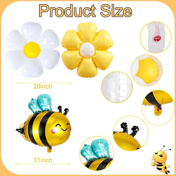 Bee Balloons Daisy Flower Balloons Set Yellow,White Daisy Flower and Bee Foil Mylar Balloons(5+5+5) for Baby Shower Gender Reveal Birthday Party Decorations Fall Bee Theme Balloon Arch Kit