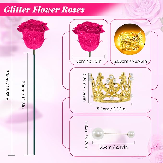 Rose Pink Glitter Roses Bouquet, 36 Pcs Shiny Glitter Flowers Bouquet, Everlasting DIY Artificial Roses Bouquet for Christmas, Birthday, Anniversary, Wedding, Engagement