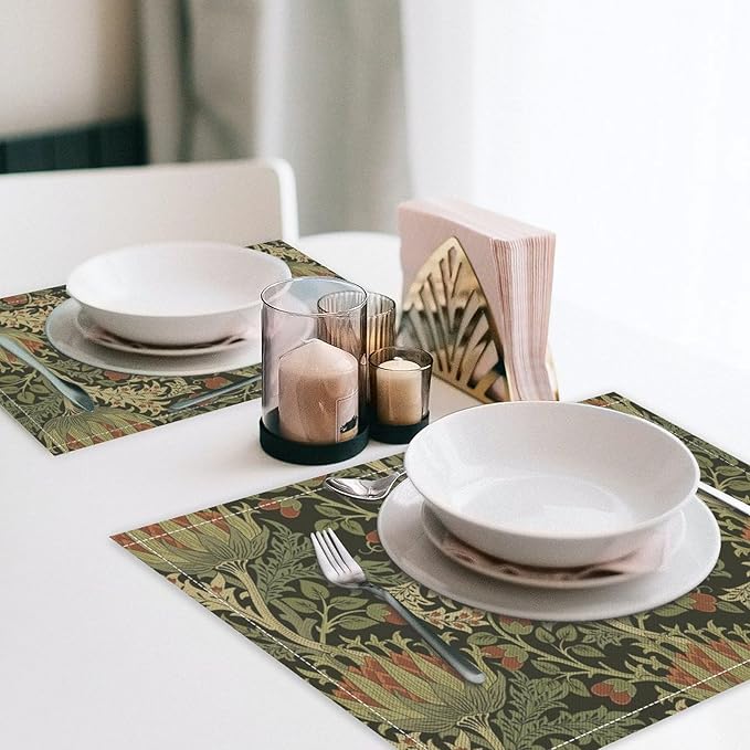 Vintage Boho Florals Placemats Set of 4, William Morris Retro Botanical Plant Foliage Place Mats, Heat Resistant Non Slip Cotton Linen Dining Table Mats for Home Kitchen Party 18x12 Inch