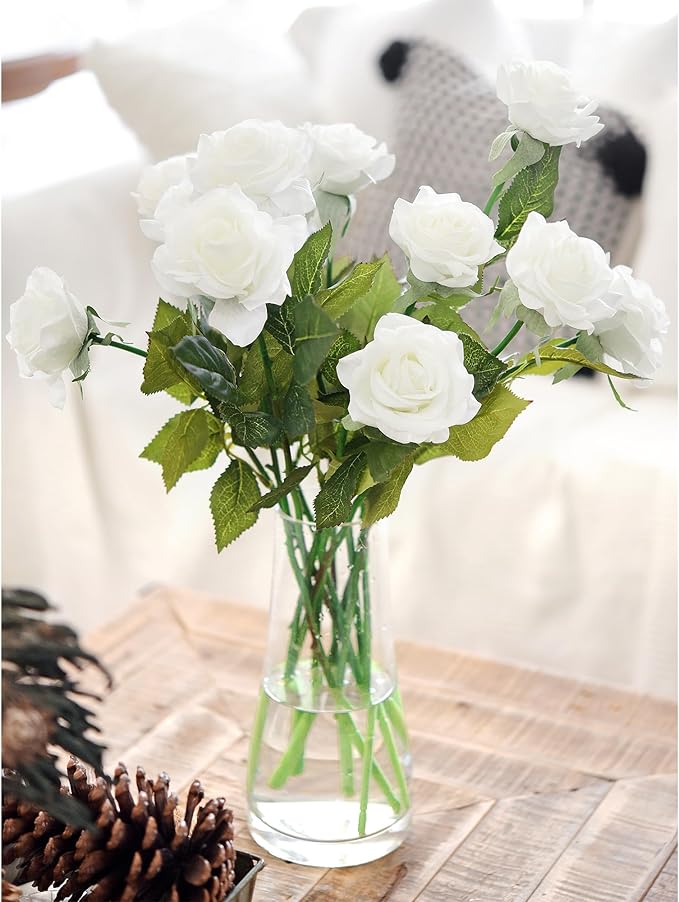 FiveSeasonStuff Real Touch White Artificial Roses – 12 Silk Rose Stems with Lifelike Blooms for Weddings, Bouquets, Centerpieces & Home Decor