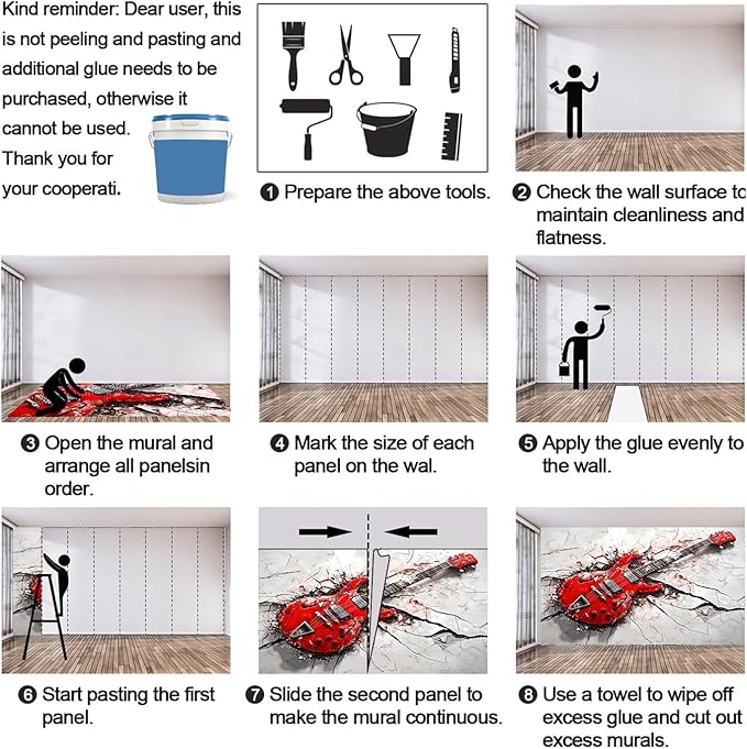 Red Electric Guitar Wall Mural, Grunge Style Guitar 3D Wall Murals, Rock Music 3D Explosion Wallpaper Mural, for Living Room Bedroom Large Wallpaper Indoor Decor 177.16" W x120 H