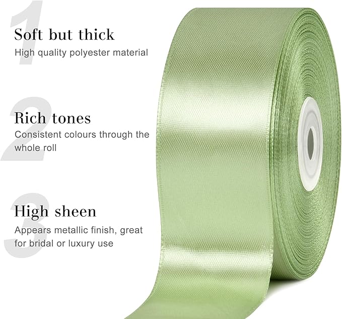 1-1/2 Inches 50 Yards Sage Green Satin Ribbon, Solid Fabric Ribbon Roll for Flower Bouquets, Gift Wrapping, Wedding, Handmade Crafts
