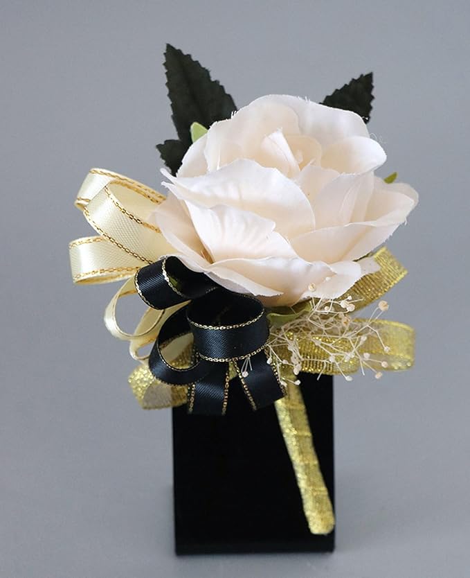 Aimto Ivory Rose Rose&Black Wrist Corsage and Boutonniere Set for Ivory Rose Wedding Flower Accessories Prom Suits (3pairs Ivory Rose Set)