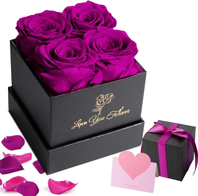 4 Preserved Flower, Fresh Flower Forever Roses in Square Shape Box, Immortal Roses Gift for Her Eternal Roses, 100% Real Roses, Birthday Gifts for Women, Wife, Her, Mom, Purple