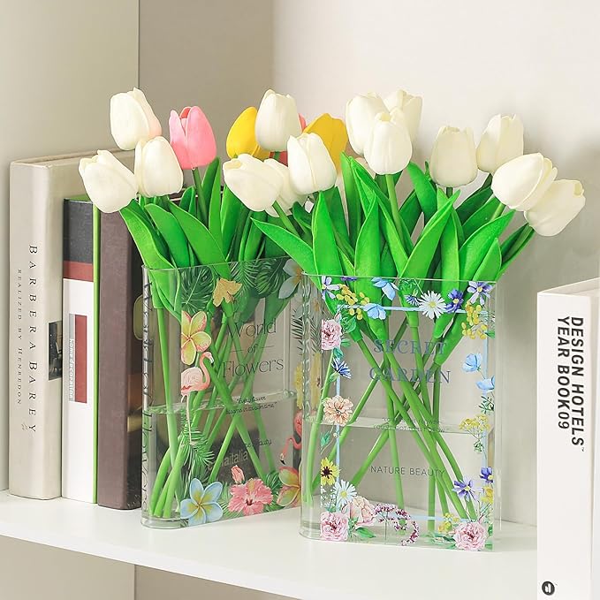 Book Vase, Acrylic Book Vase for Flowers, Book Flower Vase Clear, Small Book Shaped Vase, Clear Book Vases, Modern Decorative Vases for Home, Bedroom, Living Room, Office, Set of 2