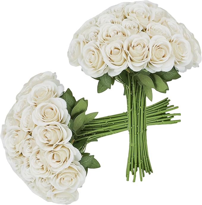 30pcs Roses Artificial Flowers Beige Silk Roses with Long Stems Fake Flowers for Wedding Bouquet Centerpices Decorations Party Bridal Baby Shower Home Decor