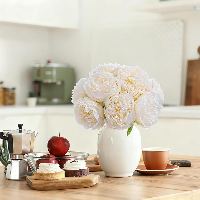 10PCS Off White Realistic Artificial Flowers Peony Fake Silk for Home Office Wedding Table Centerpieces Party Festival Bar Decoration Indoor