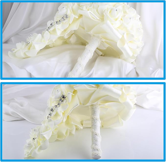 Wedding Bouquets for Brides or Bridesmaids Brick and Stone Decoration Pearl Embellishment Roses Bridal Bridesmaid Wedding Hand Bouquet Artificial Fake Flowers.(Cream)
