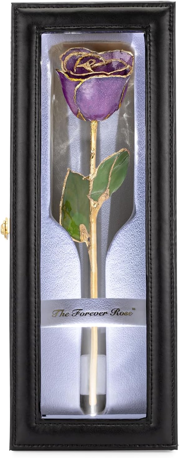 Forever Rose Hand-Dipped in 24K Gold, Amethyst-Inspired February Birthstone with Sparkles, Real Rose in Leather Case with LED Light – Perfect Ready to Gift for February Birthday or Any Occasion
