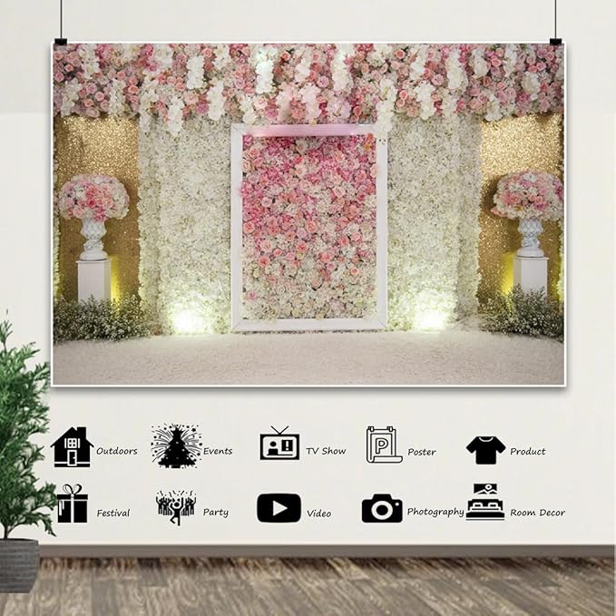 9x6ft Flower Wall Wedding Backdrop Pink White Rose Floral Romantic Princess Photography Background for Bridal Shower Birthday Newborn Spring Tea Party Outdoos Ceremony Women Girls Portrait
