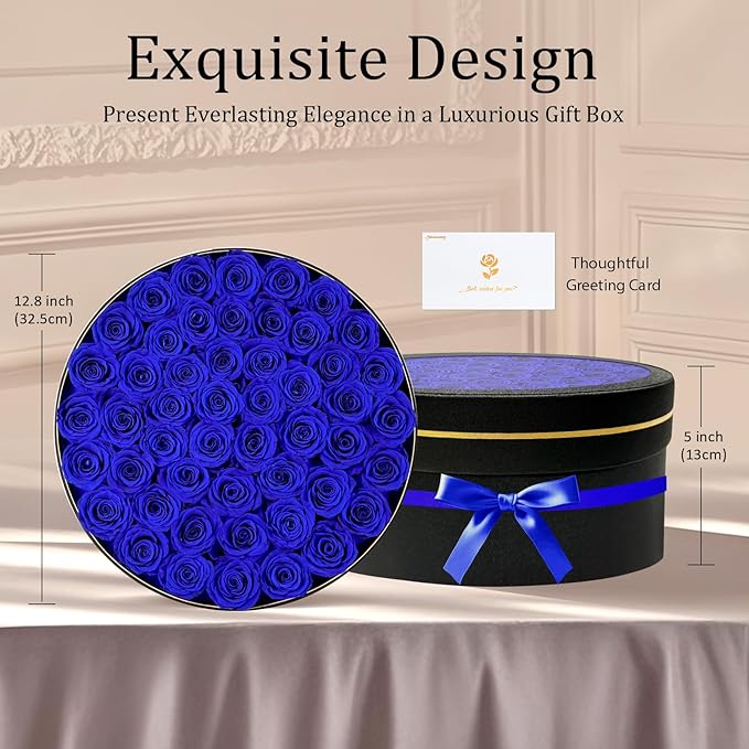 50 Preserved Roses in a Gift Box for Her - Forever Flowers for Delivery, Eternal Rose Mothers Gifts for Mom, Wife Anniversary Birthday Gifts for Women, Blue