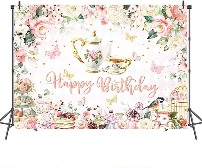 Mocsicka Tea Party Happy Birthday Backdrop Floral Princess Tea Birthday Party Decorations Kids Wonderland Let's Partea Dessert Caketable Banner Photo Booth (10x7ft)