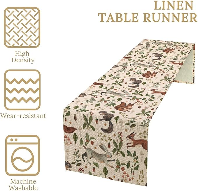 Rustic Forest Table Runner, Cartoon Woodland Wild Animals Rabbit Fox Vintage Botanical Mushroom Herbs Table Cover for Indoor Outdoor Home Decor Party, 13x60inch