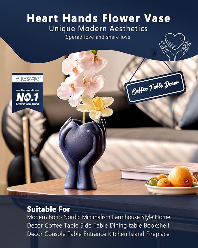 8" Heart Hand Navy Blue Ceramic Vase - Unique Modern Aesthetic Flowers Vase for Living Room Bedroom Office Kitchen Table Centerpiece or Shelf Decor-Gifts for Wedding Bridal Shower Women Mom (Blue)