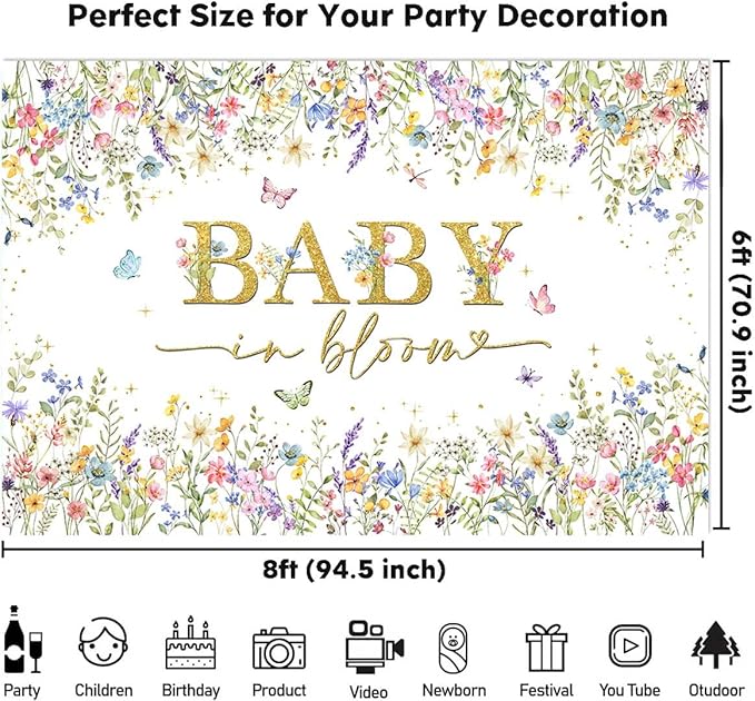 Sensfun Baby in Bloom Backdrop Wildflower Baby Shower Decorations Baby Girl's Watercolor Blossom Floral Butterfly Garden Baby Shower Photography Background Cake Table Banner Party Supplies 8x6ft