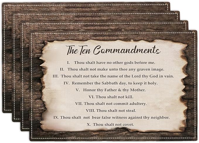 10 Commandments Placemats Set of 4, Ten Commandments Religious Place Mats Washable Double-Sided Table Mats for Kitchen Dining Room Home Party Indoor 4 PCS 12x18 Inch